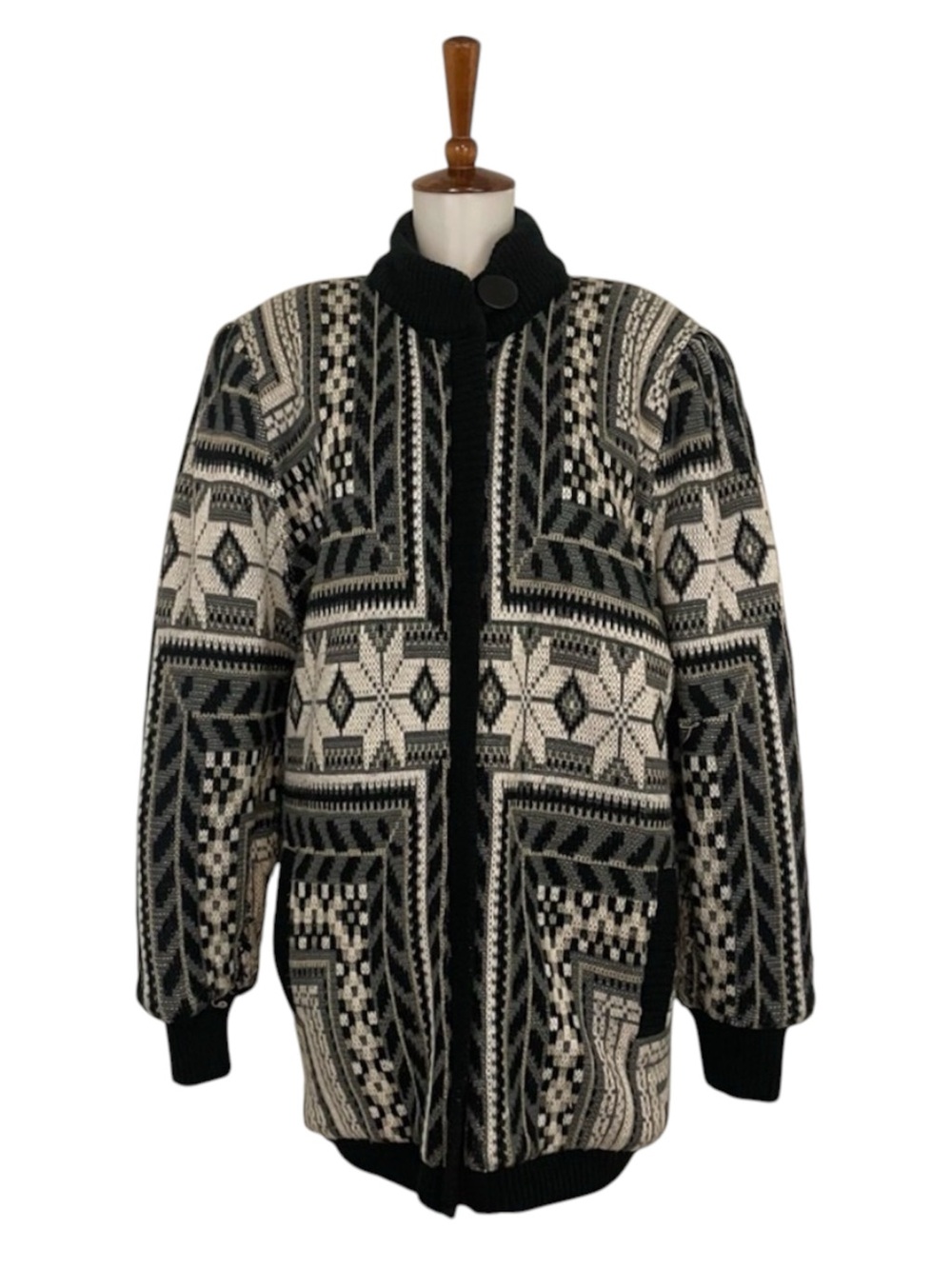 Vintage 80s Knit Sweater Coat L Oversized Retro Snowflake Casual Scandi Folk